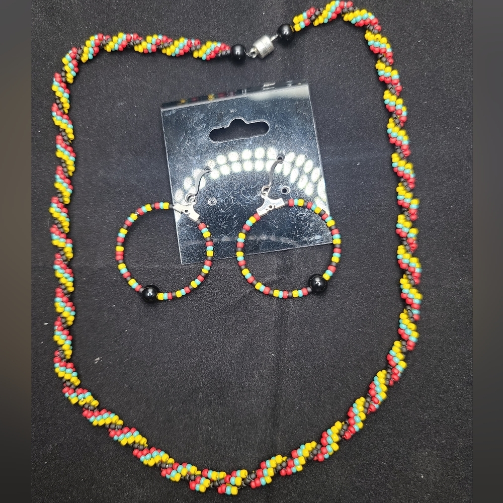 Rasta Reggae Multicolor seed beads Multistrand twist Necklace & Earrings Handmad - Picture 3 of 11